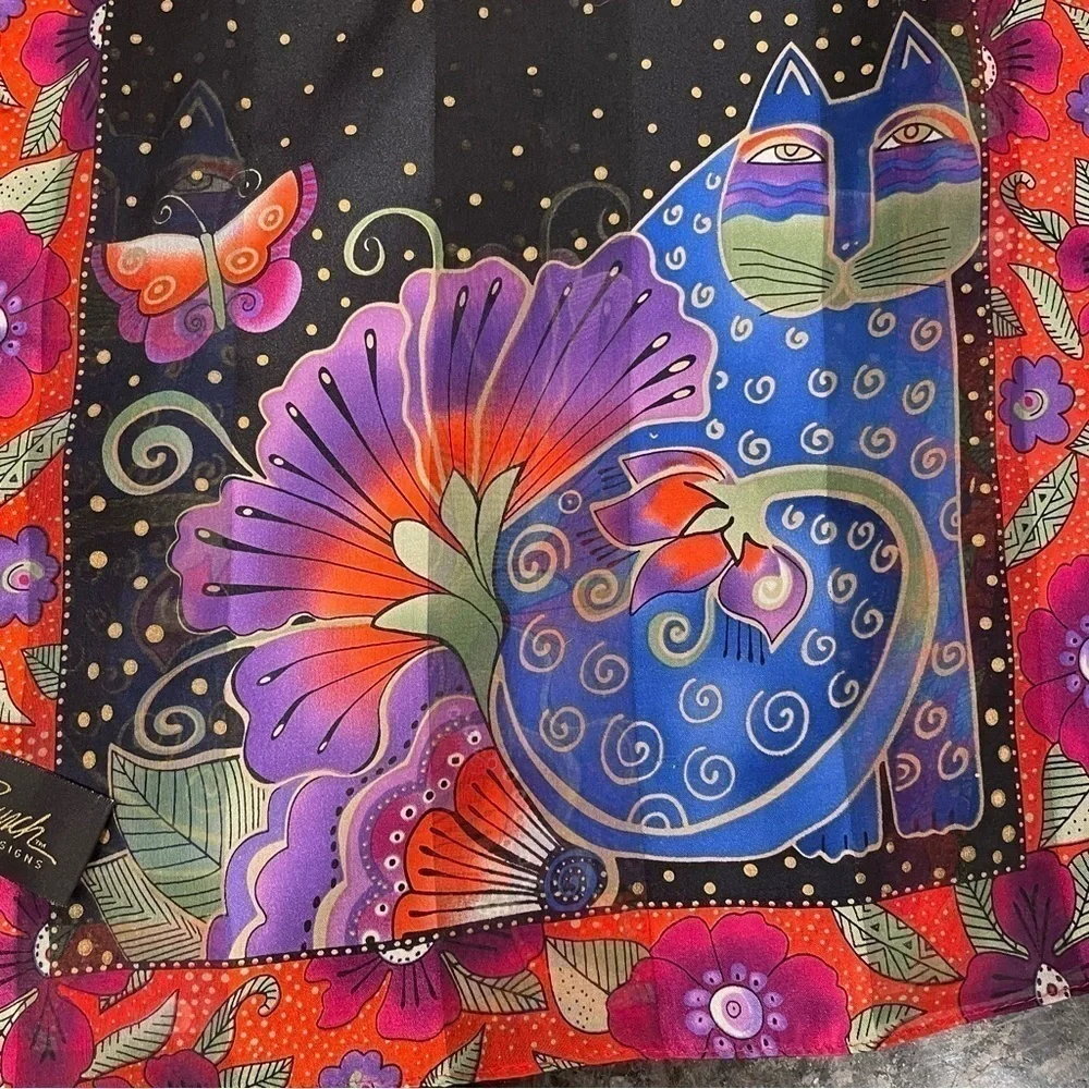 LAUREL BURCH | SILK ART SCARF | Cats and flowers